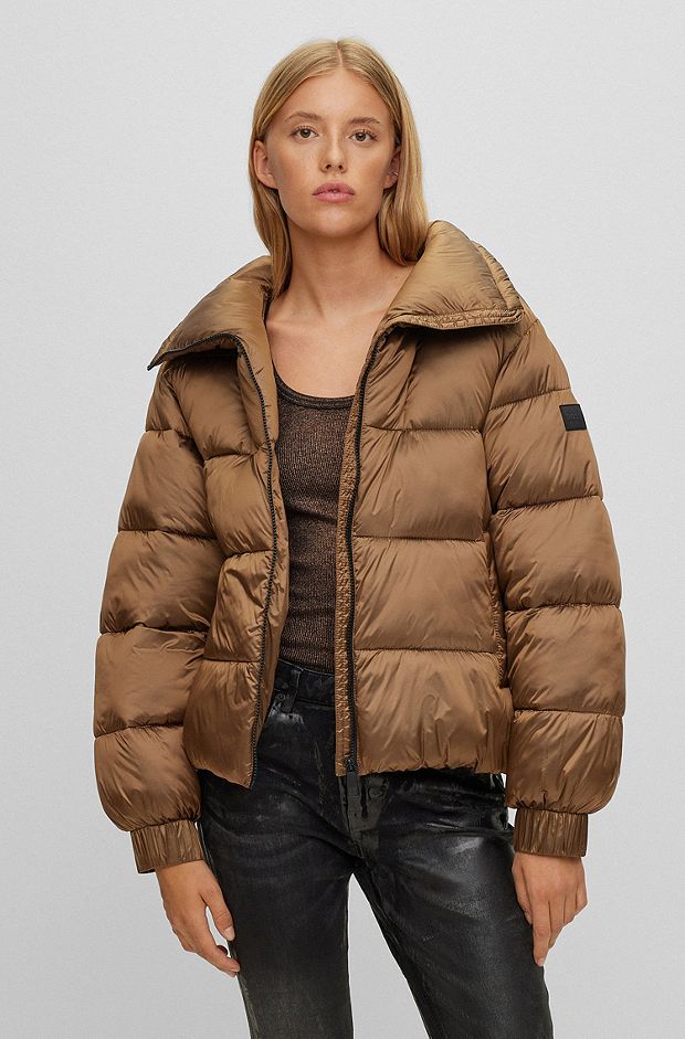 Regular-fit puffer jacket in lustrous fabric, Light Brown