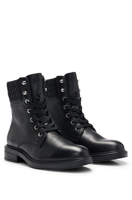 Tumbled-leather lace-up boots with monogram collar, Black