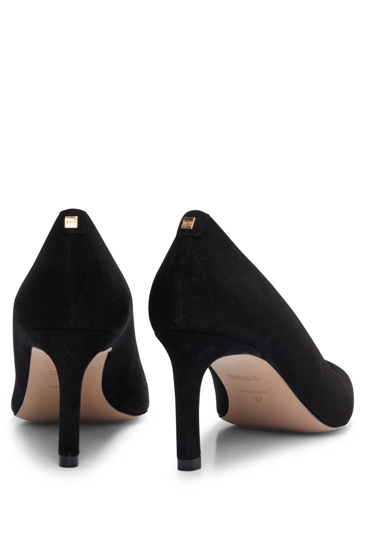Suede pumps with pointed toe and branded stud, Black