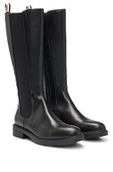 Leather knee boots with low heel and branded trim, Black