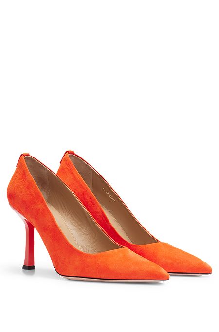 High-heeled pumps in suede with metallic monogram, Orange