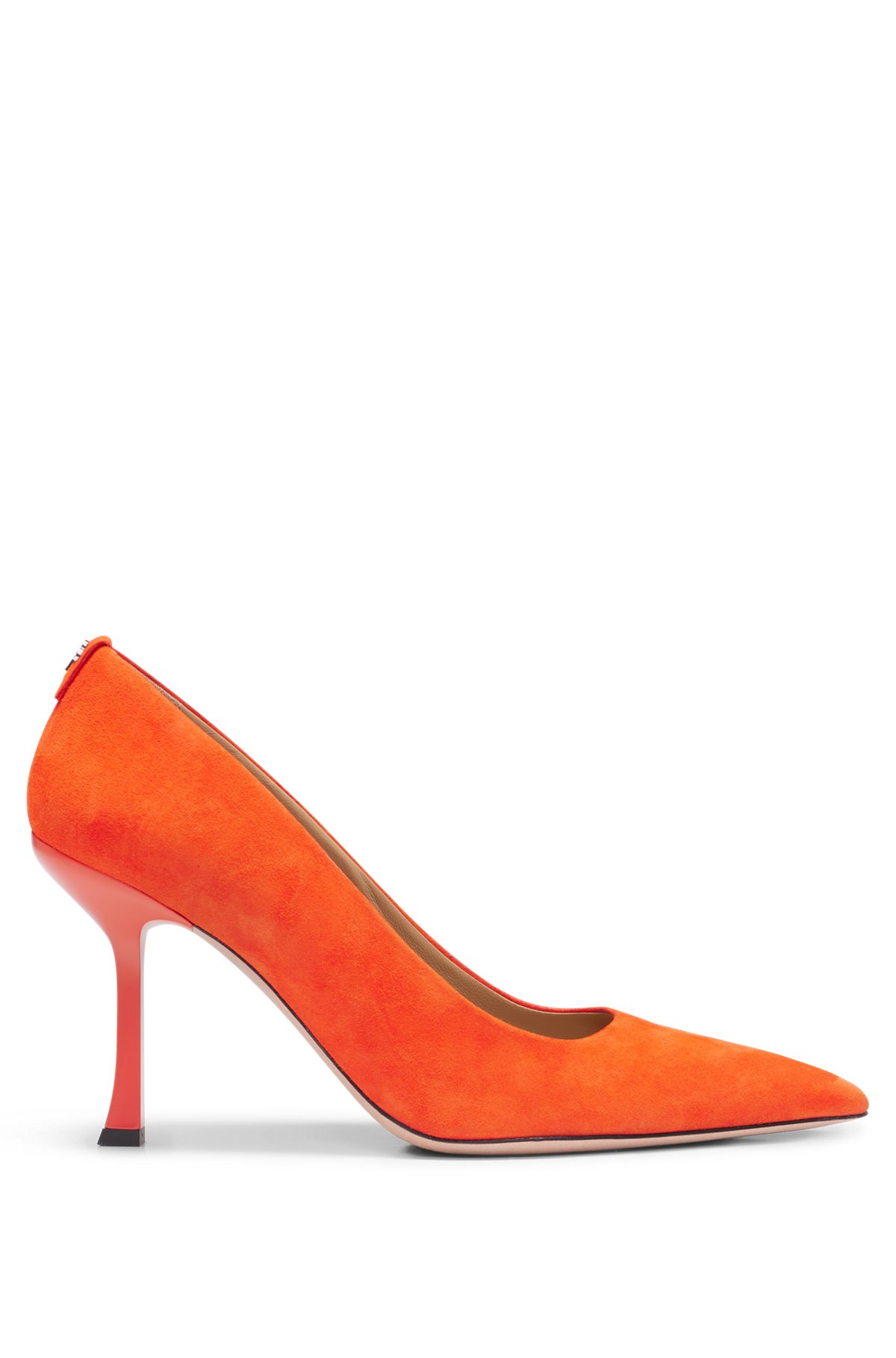 High-heeled pumps in suede with metallic monogram, Orange