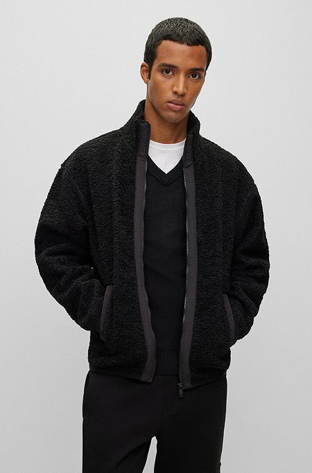 Relaxed-fit zip-up sweatshirt in teddy fleece, Black