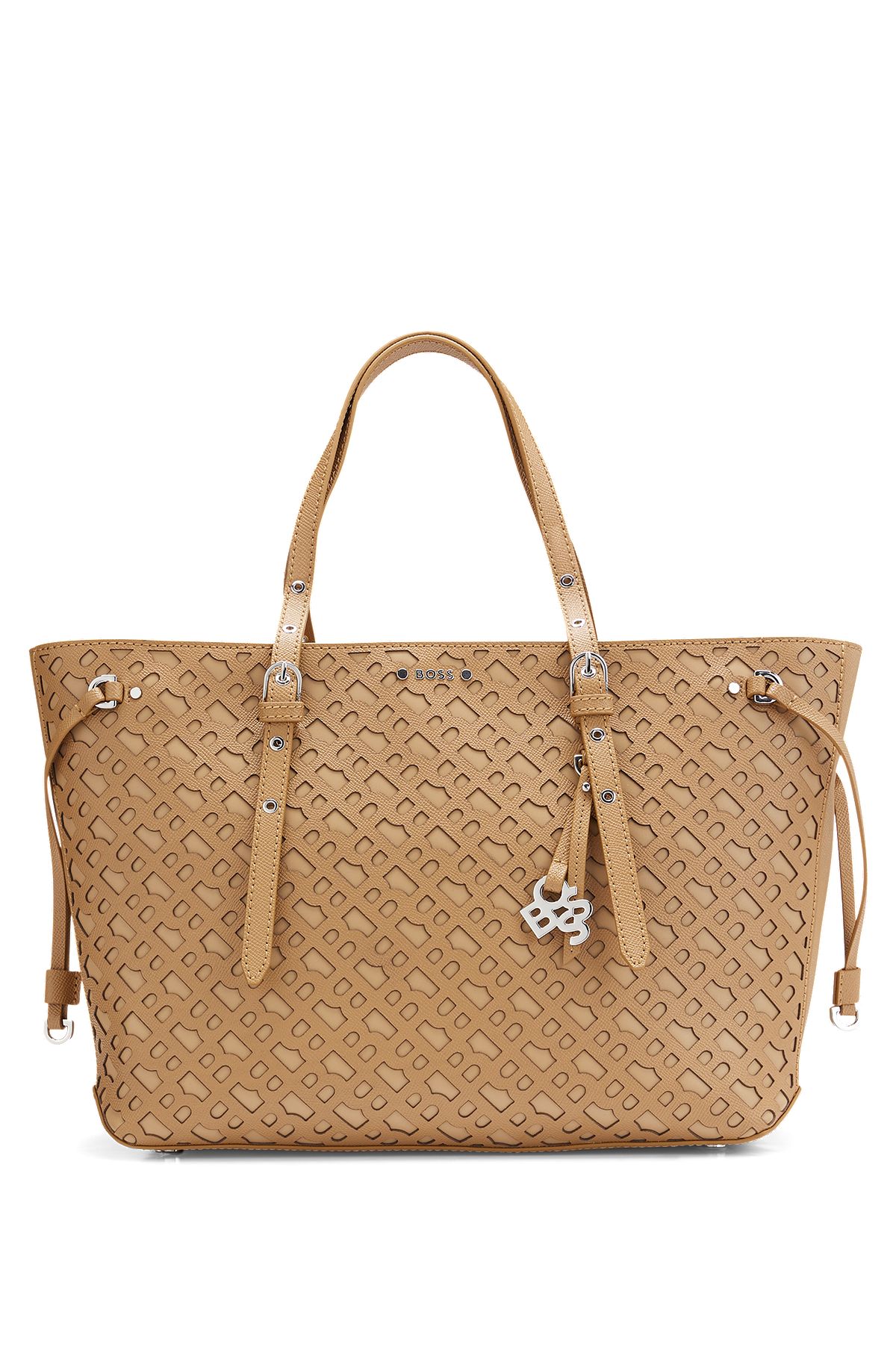 Shopper bag in grained leather with monogram pattern, Beige