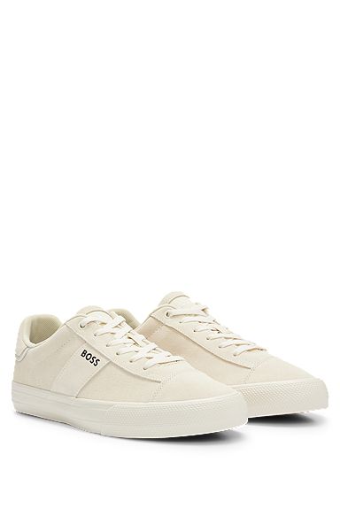 Suede cupsole trainers with logo details, Light Beige