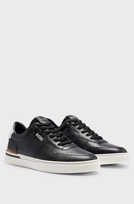 Leather cupsole trainers with signature details, Black