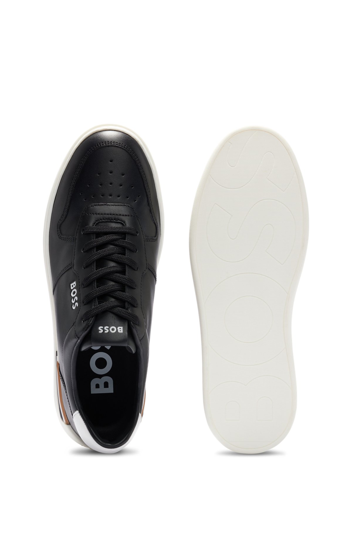 Cupsole trainers with laces and branded leather uppers, Black