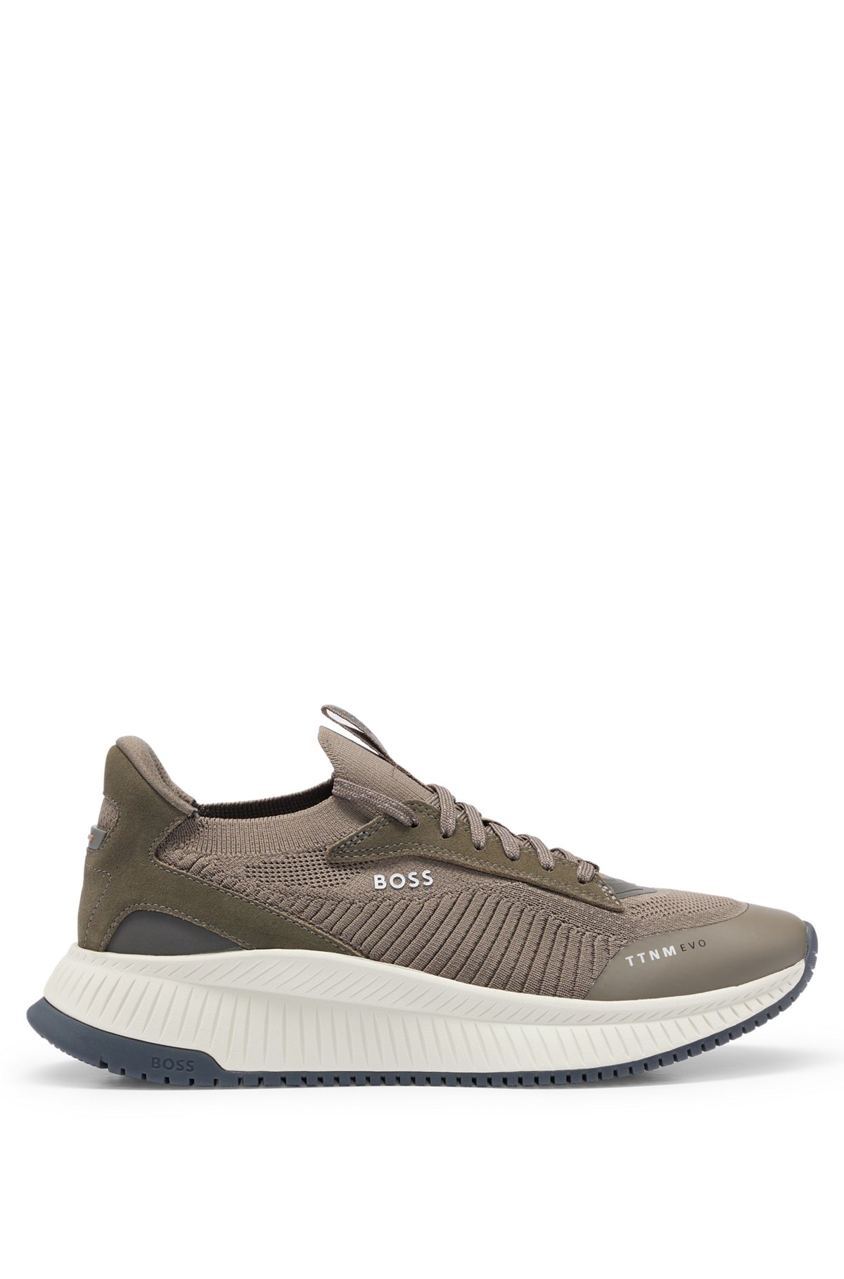 Sock trainers with knitted upper and fishbone sole, Khaki