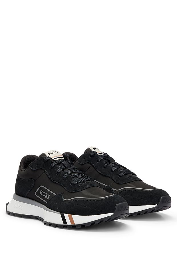 Mixed-material trainers with signature-stripe detail, Black