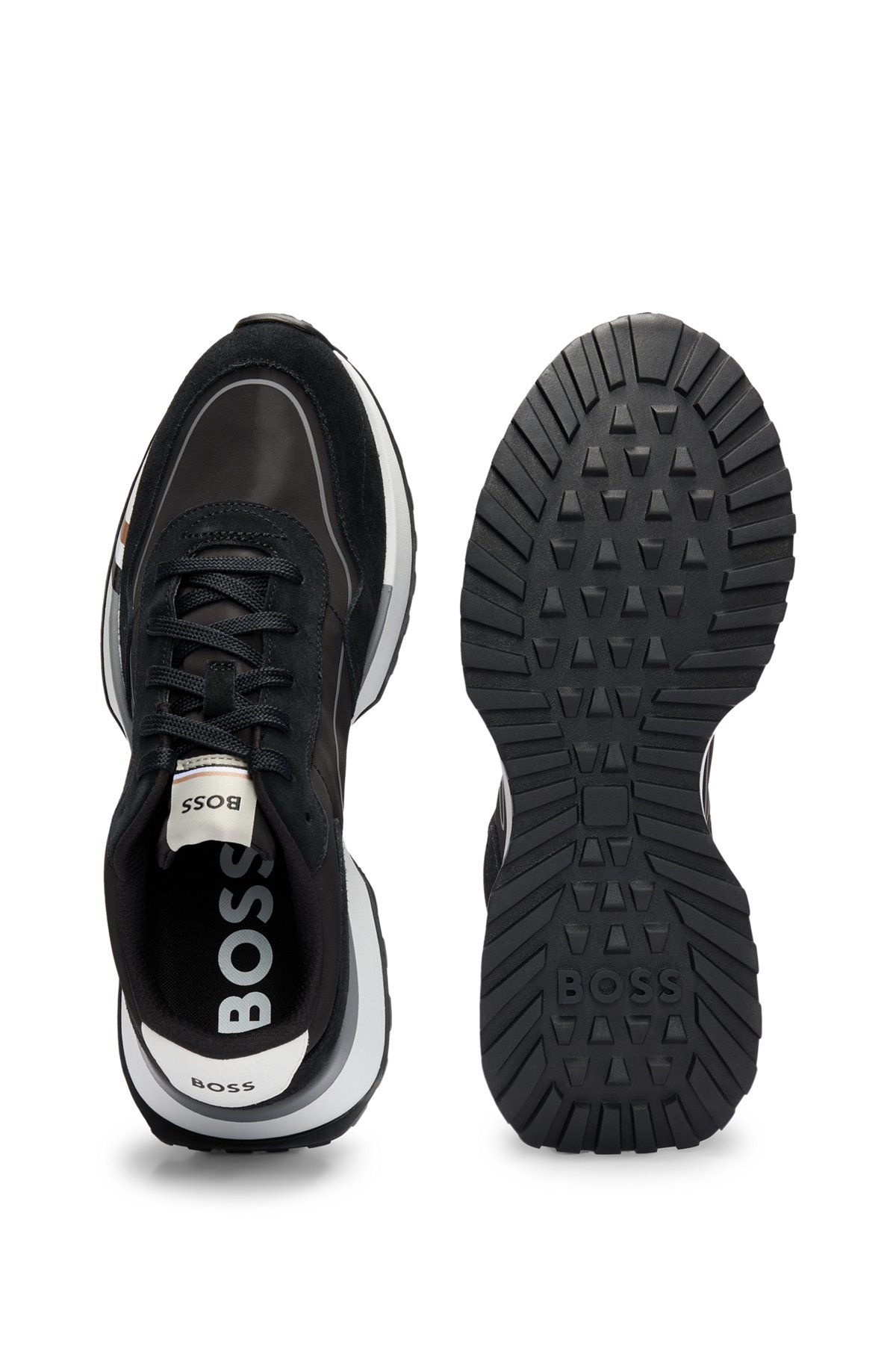 Sneakers in materiali misti con dettaglio con righe tipiche del marchio, Nero