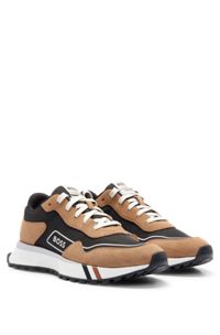 Sneakers in materiali misti con dettaglio con righe tipiche del marchio, Marrone chiaro