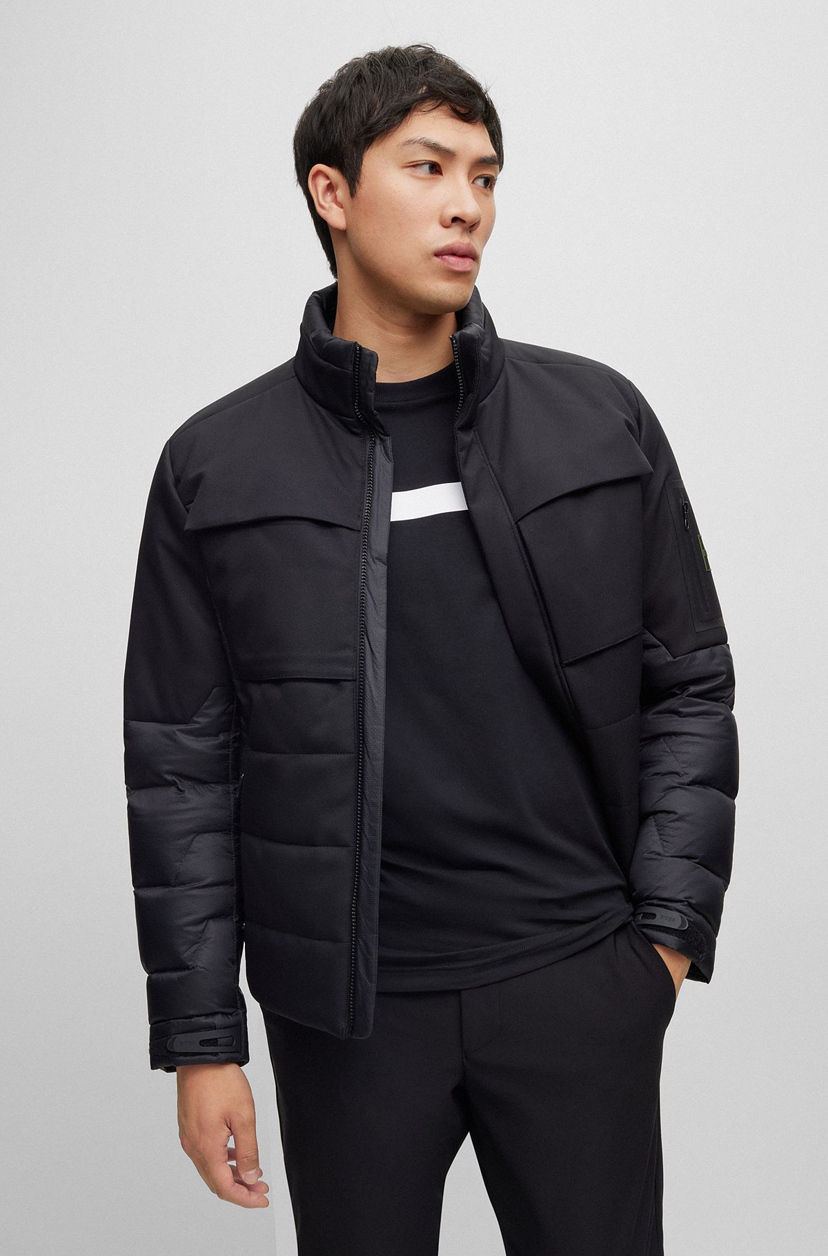 Mixed-material down jacket with branded sleeve pocket, Black