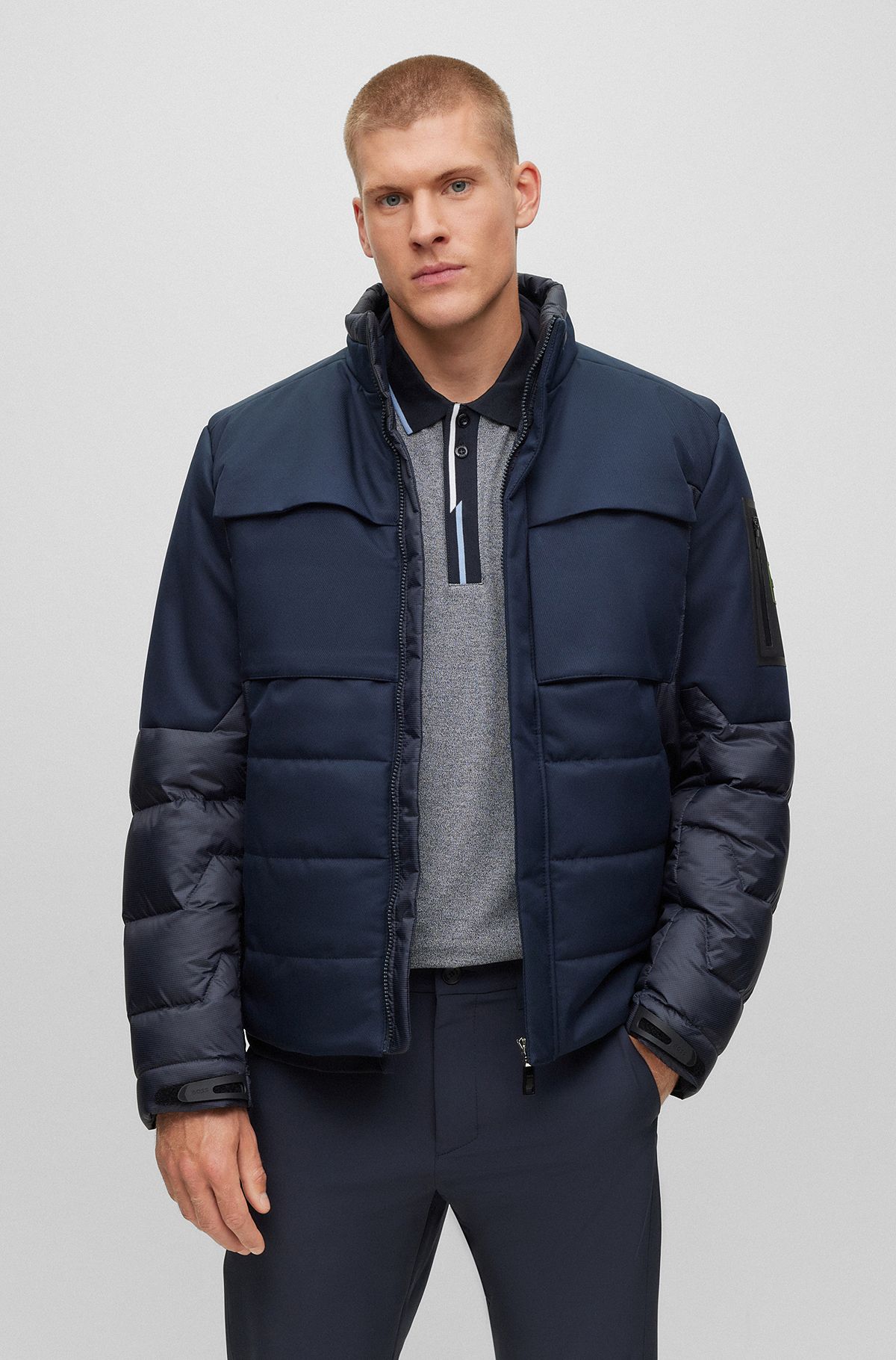Mixed-material down jacket with branded sleeve pocket, Dark Blue
