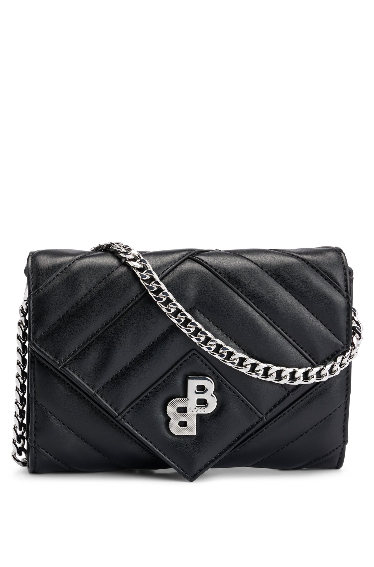 Quilted clutch bag in faux leather with monogram hardware, Black