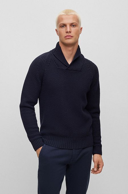 Regular-fit structured sweater with shawl collar, Dark Blue