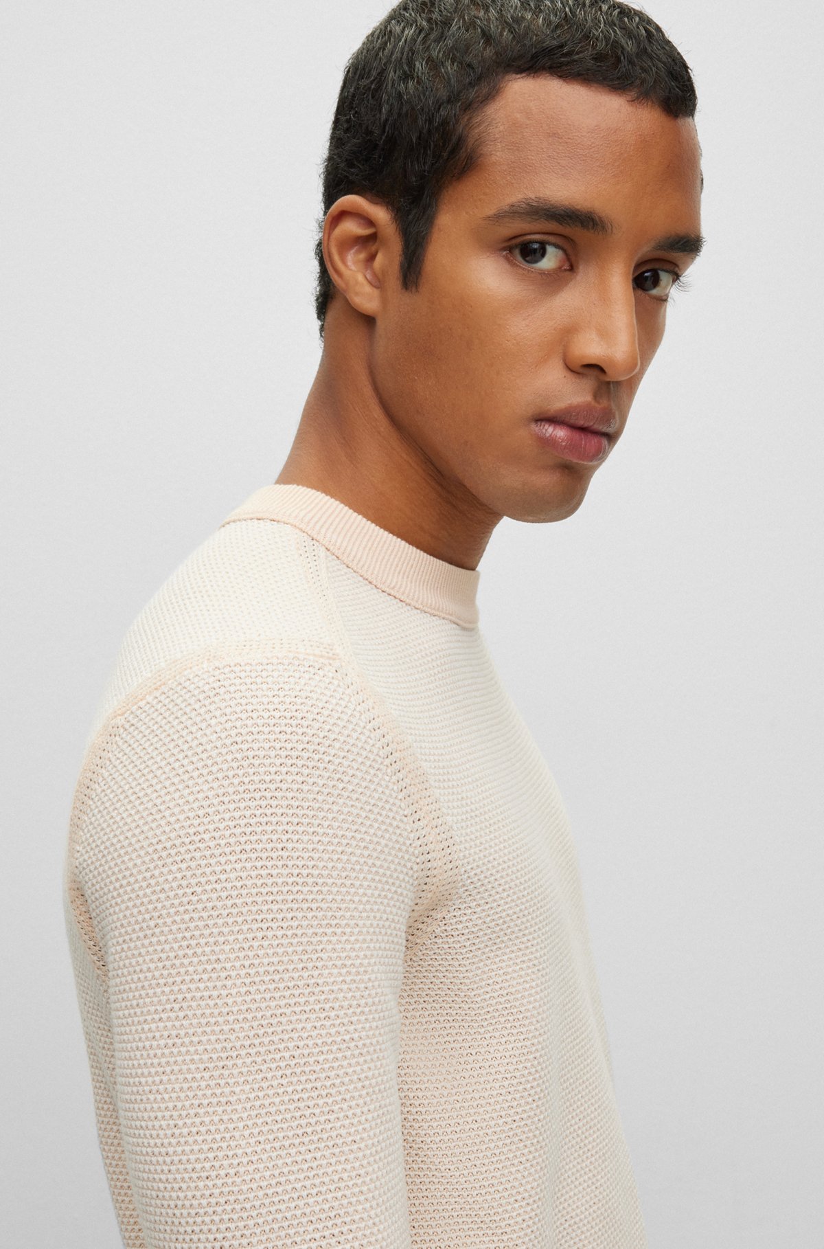 Cotton-blend sweater in two-tone knitted jacquard, Natural