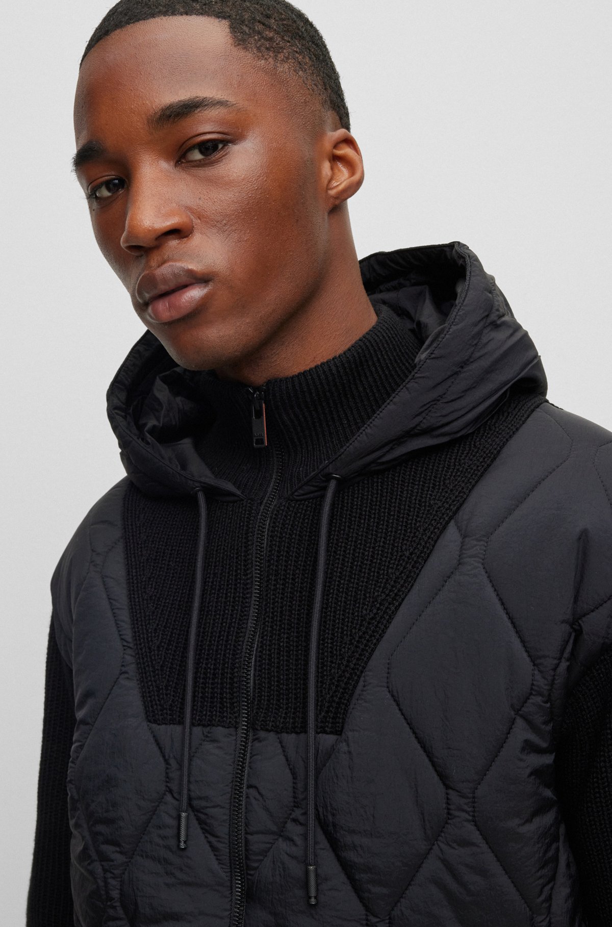 BOSS - Mixed-material zip-up hoodie with onion quilting