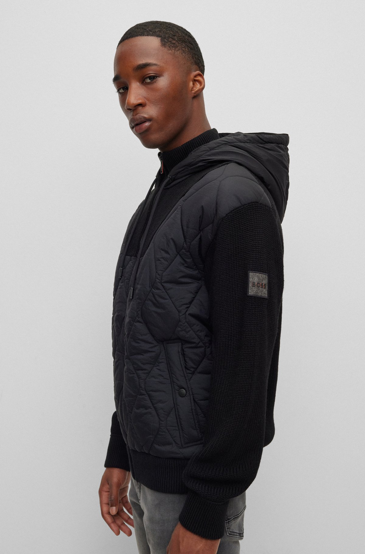 BOSS - Mixed-material zip-up hoodie with onion quilting