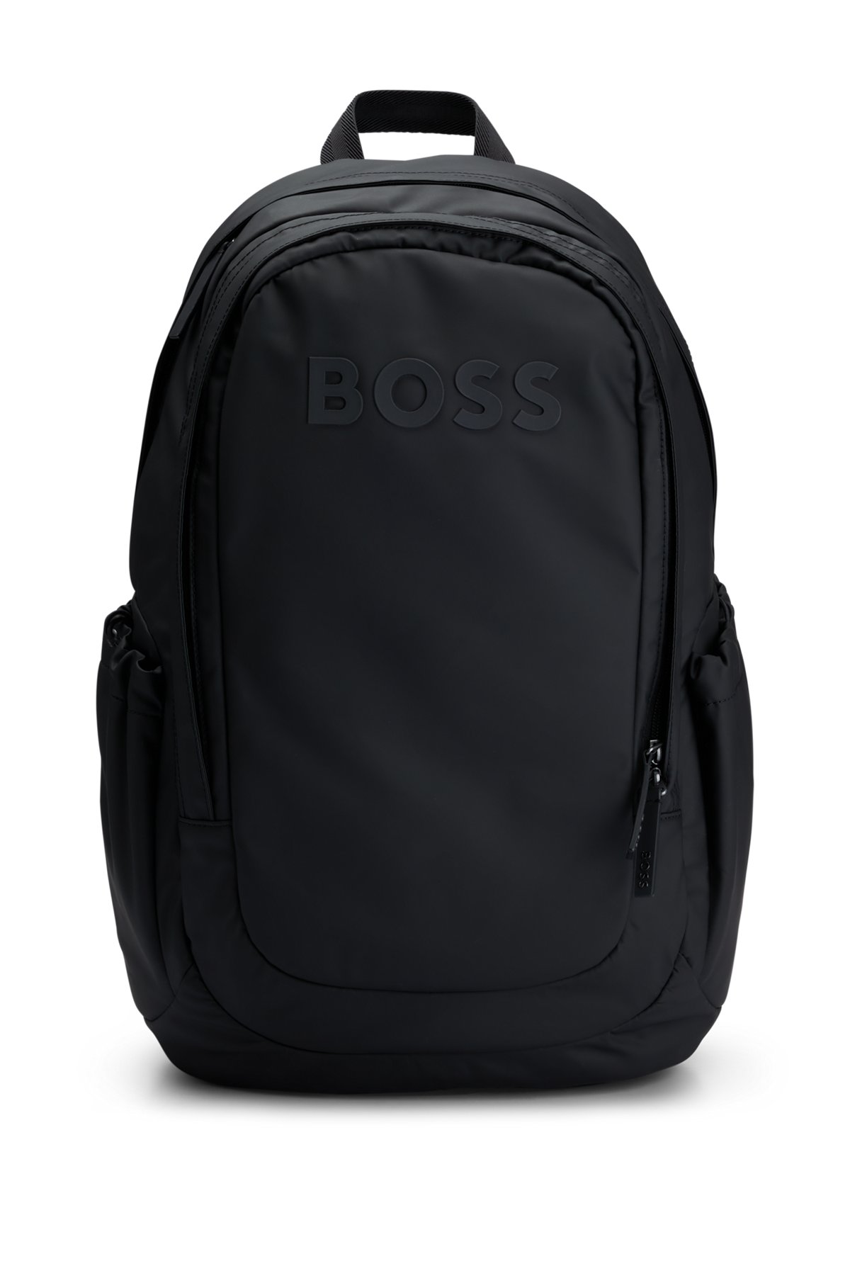 Logo-detail backpack in synthetic coated fabric, Black