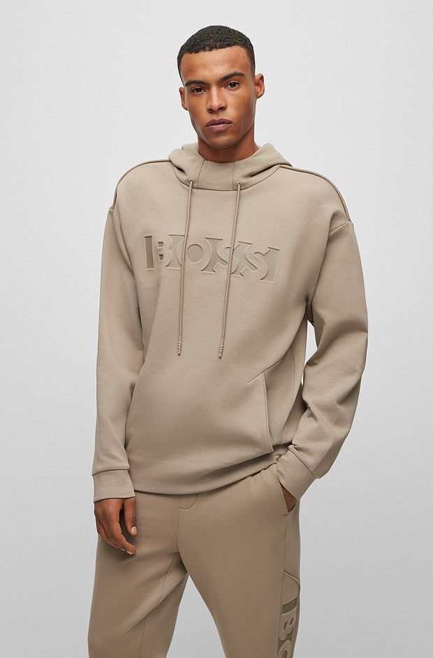 Relaxed-fit cotton-blend hoodie with embossed logo, Light Brown