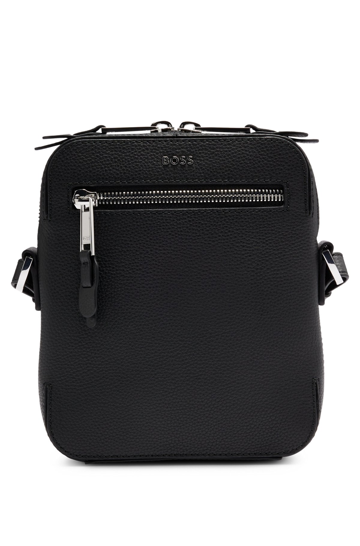 Grained-leather reporter bag with zipped front pocket, Black