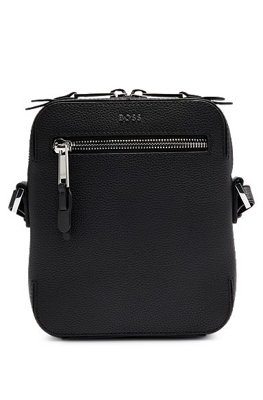 Grained-leather reporter bag with logo lettering, Black