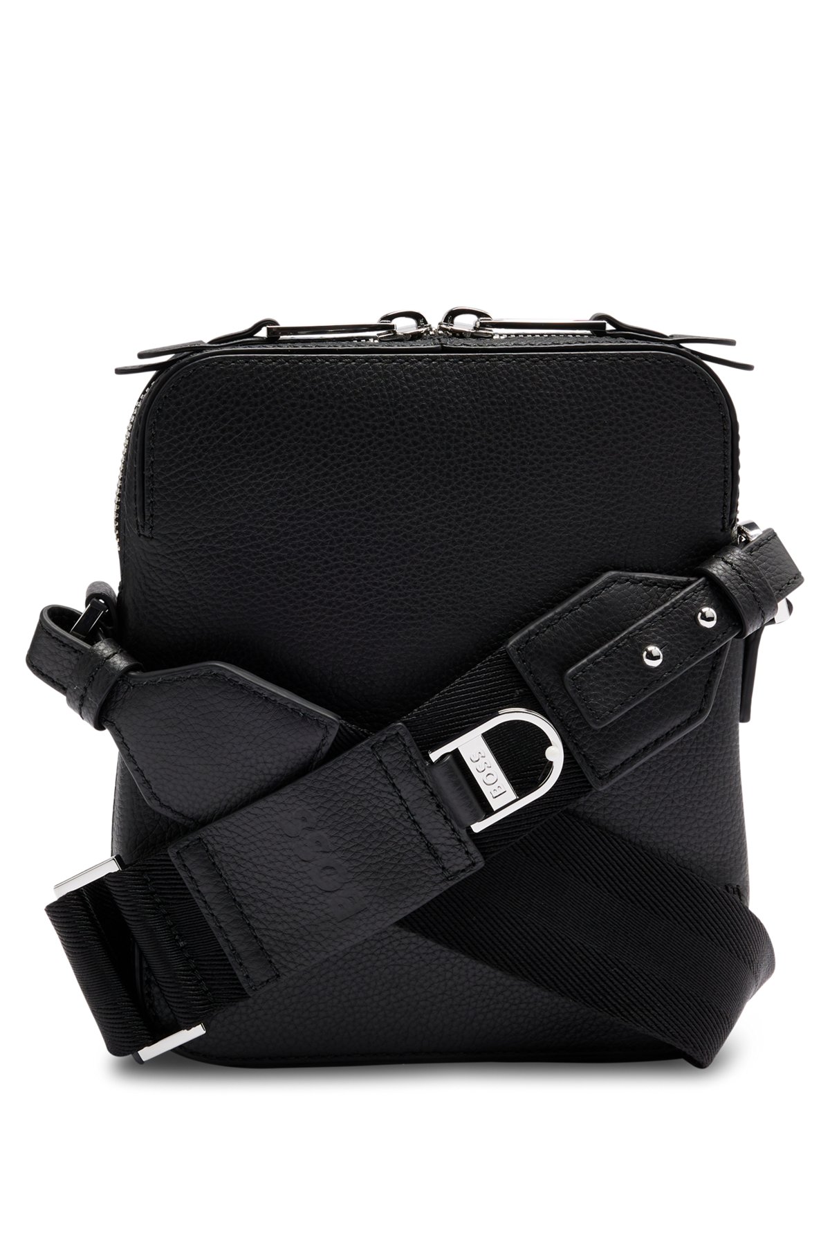 Grained-leather reporter bag with zipped front pocket, Black