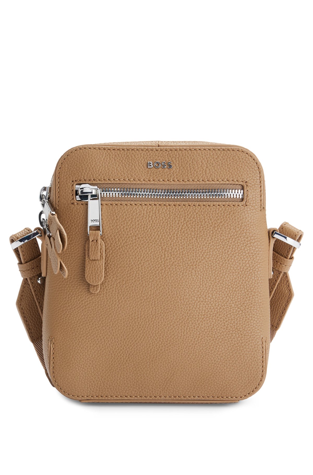 Grained-leather reporter bag with zipped front pocket, Beige
