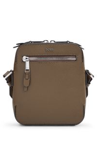 Grained-leather reporter bag with zipped front pocket, Brown