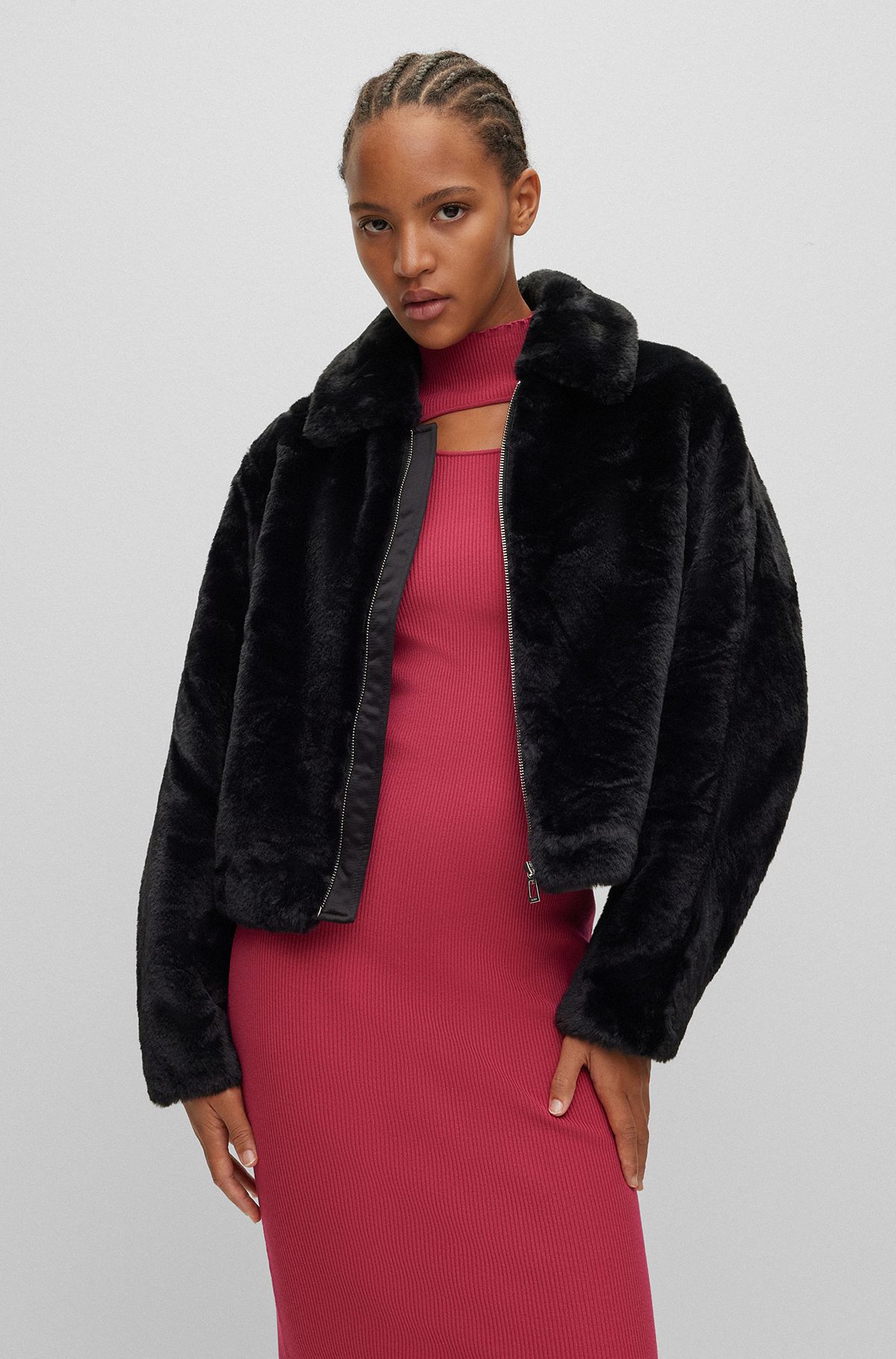Relaxed-fit jacket in faux fur, Black