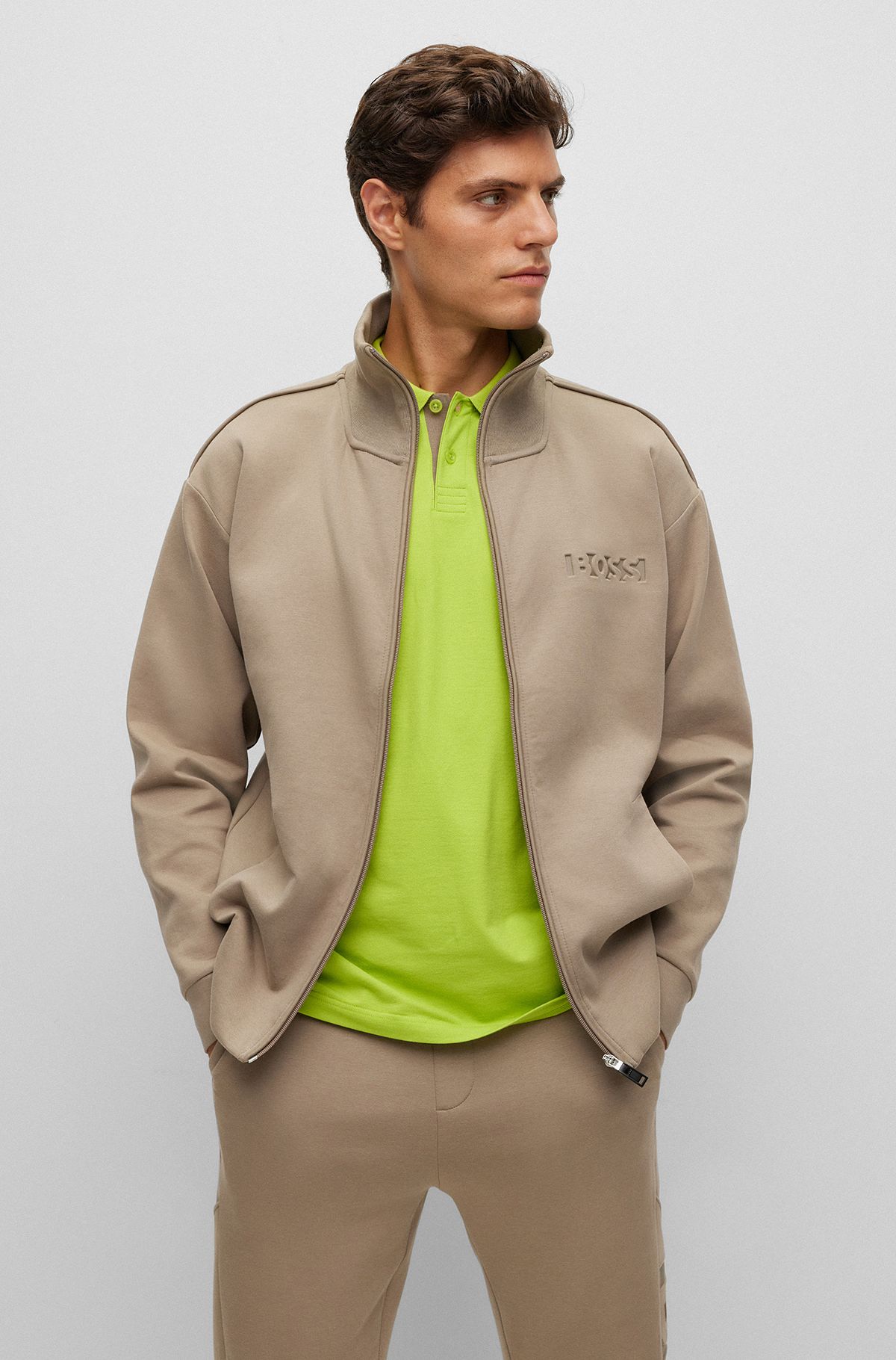 Relaxed-fit zip-up sweatshirt with embossed logo, Light Brown