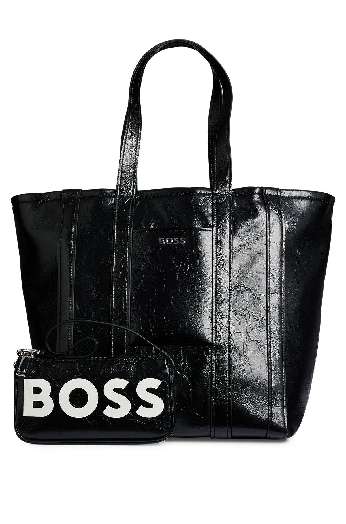Shopper bag in wrinkled faux leather with detachable minibag, Black