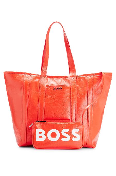 Shopper bag in wrinkled faux leather with detachable minibag, Orange