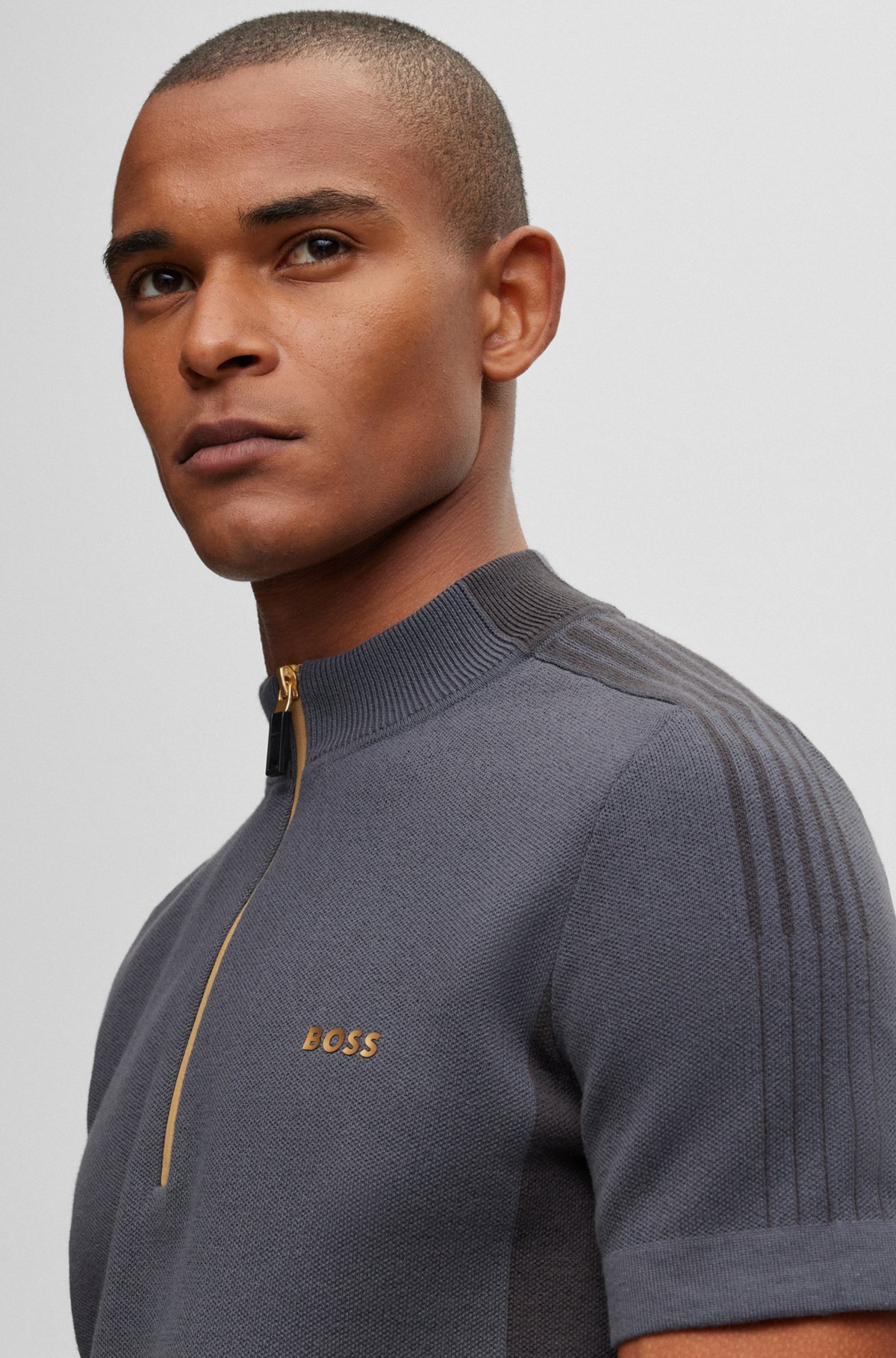 Cotton-blend zip-neck sweater with striped sleeves, Dark Grey