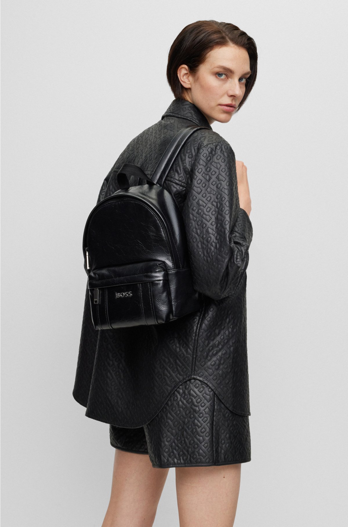 BOSS - Faux-leather backpack with metallic logo lettering