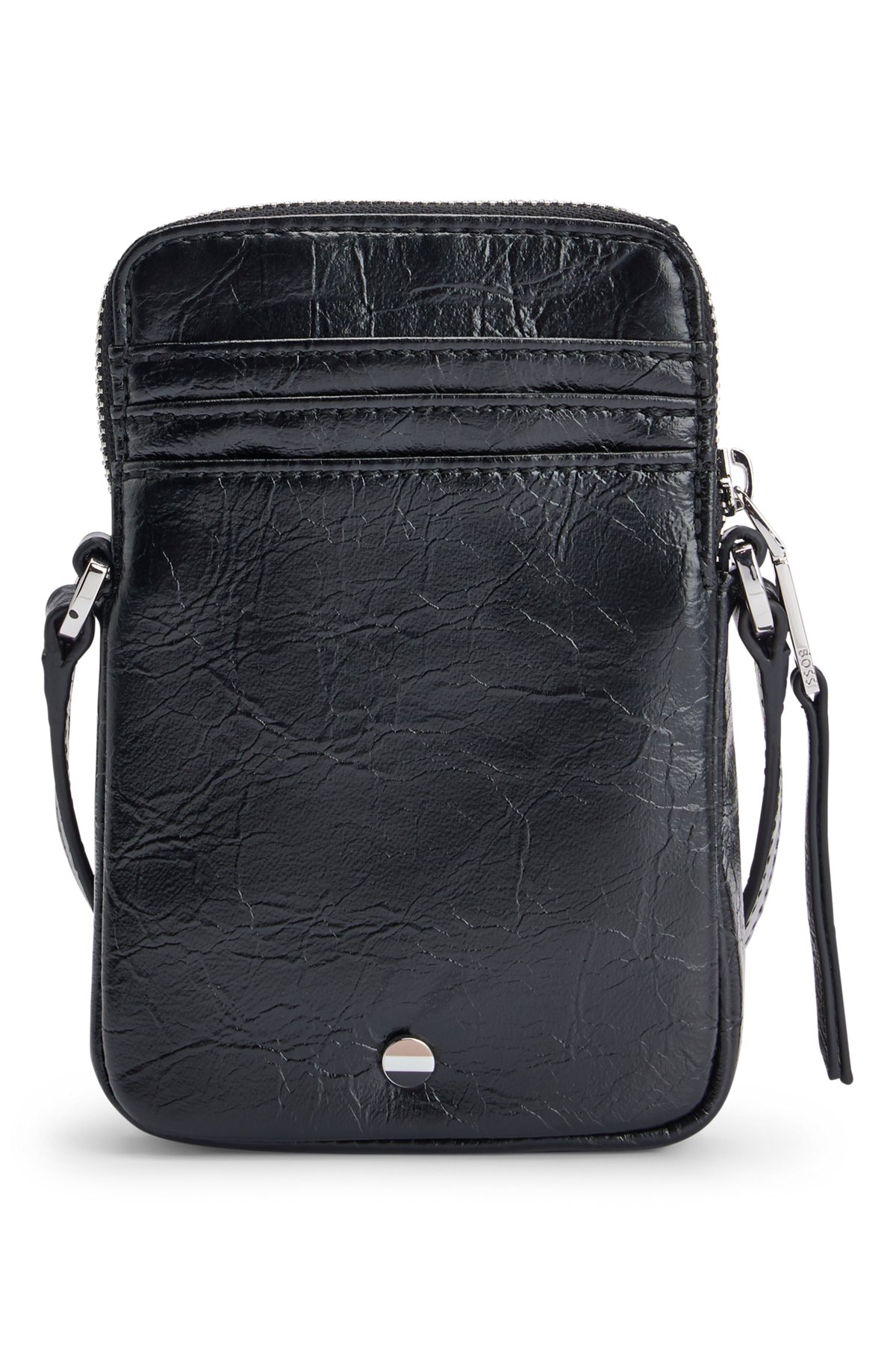 Smartphone-Tasche aus Kunstleder mit poliertem silberfarbenem Logo-Schriftzug, Schwarz
