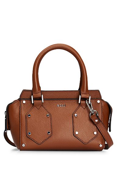 Grained-leather mini tote bag with metal rivets, Brown