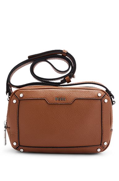 Grained-leather crossbody bag with branded hardware, Brown