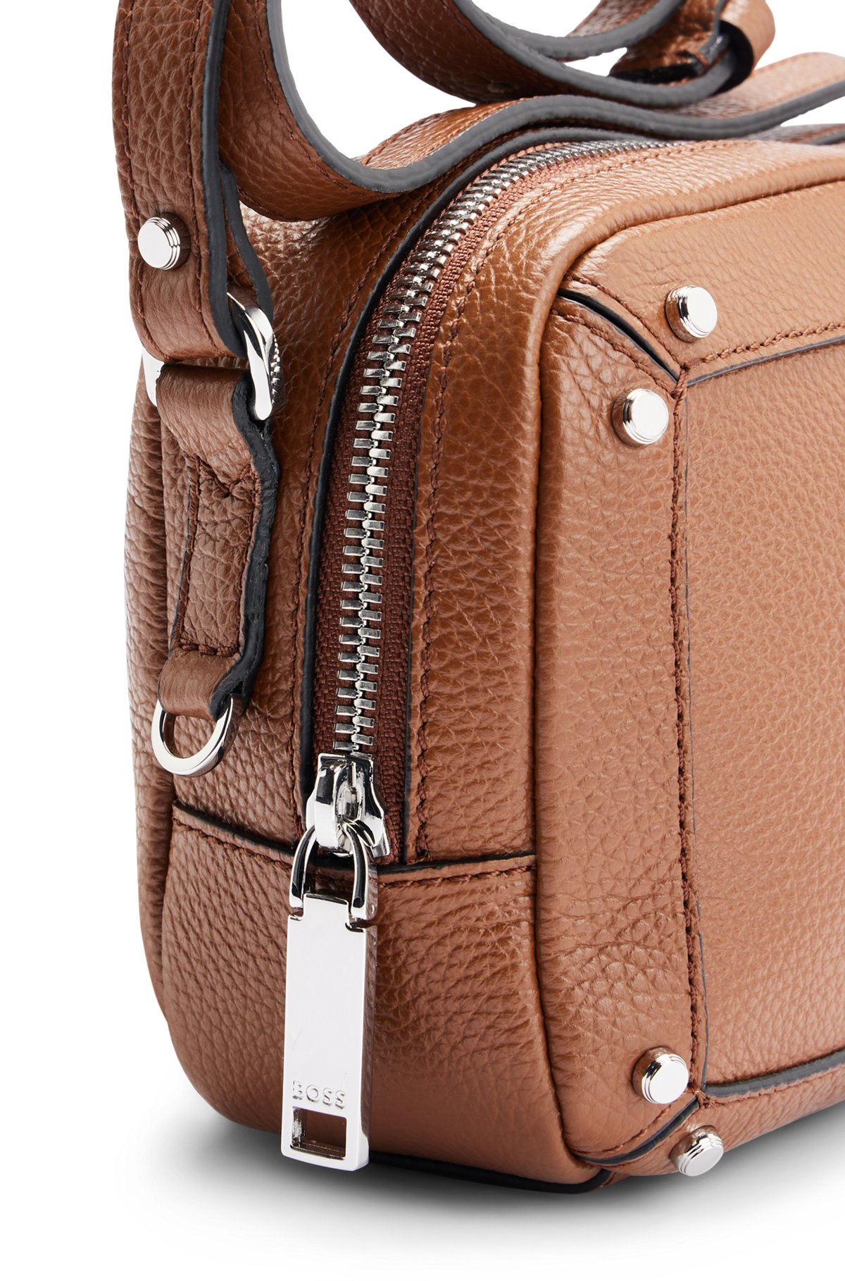 Grained-leather crossbody bag with branded hardware, Brown