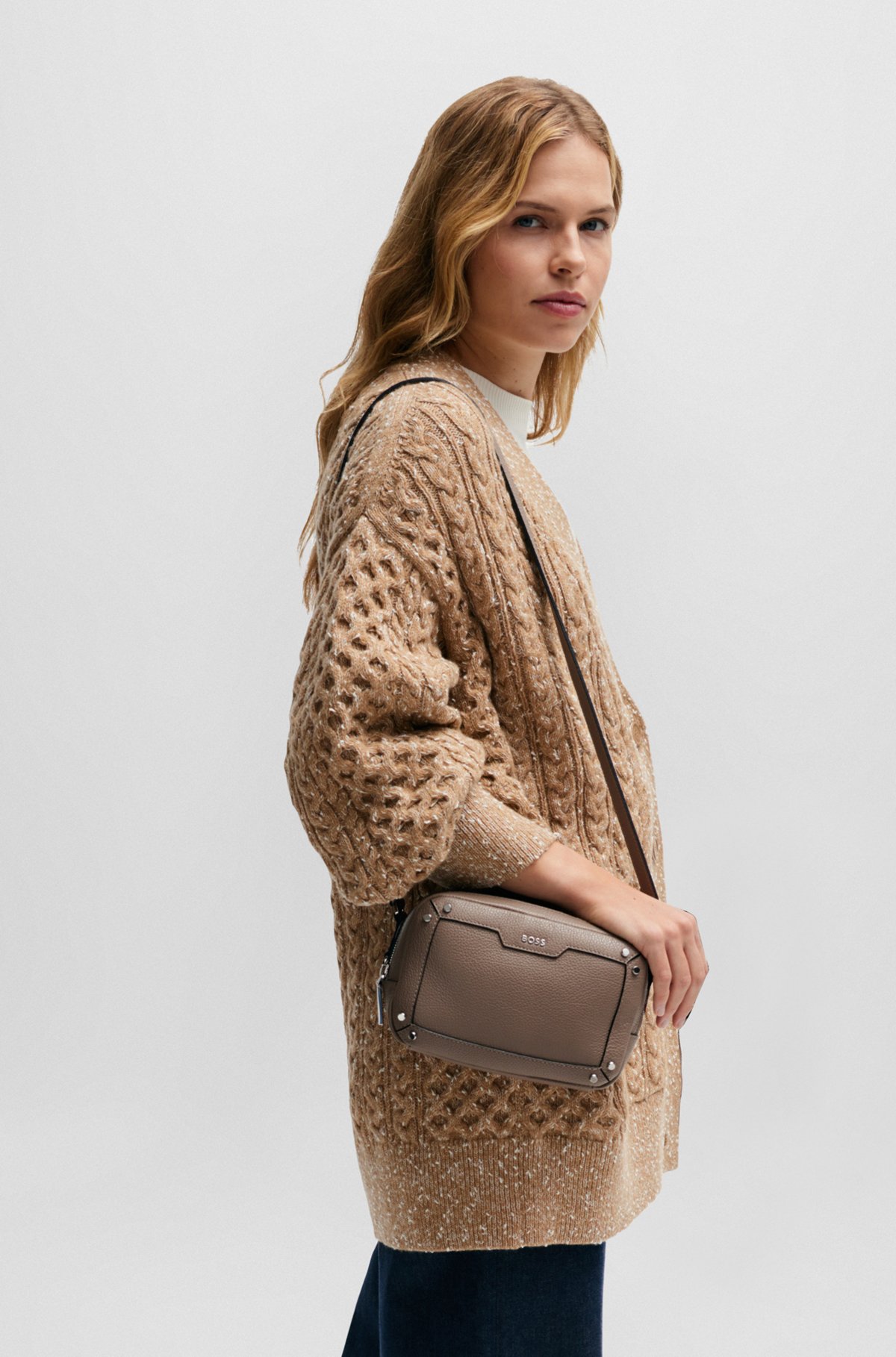 Grained-leather crossbody bag with branded hardware, Beige