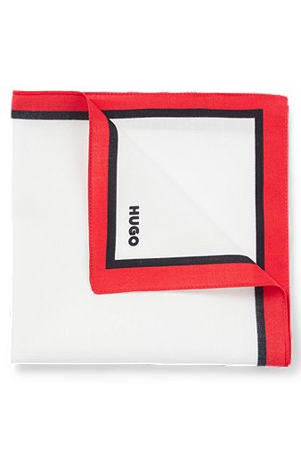 Cotton-satin pocket square with border and logo, Black / Red / White