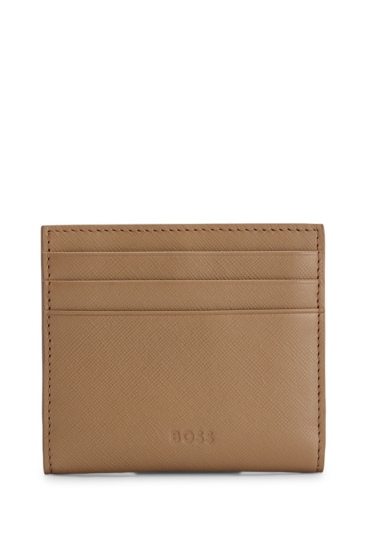 Folding card holder in grained leather with embossed logo, Beige