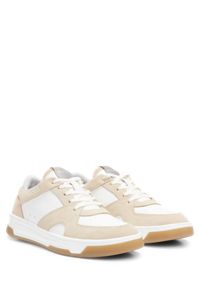 Basketball-style trainers in mixed materials with branded accents, Light Beige