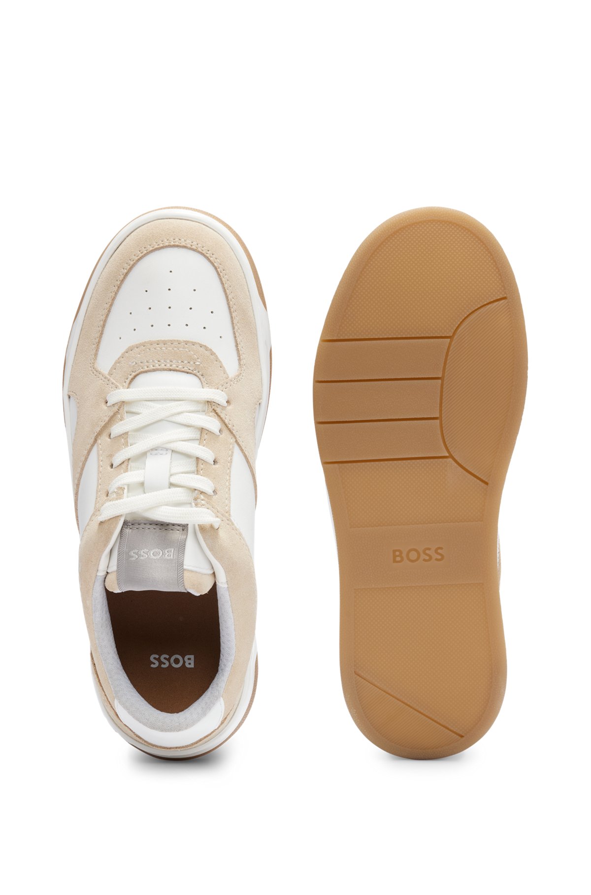 Basketball-style trainers in mixed materials with branded accents, Light Beige