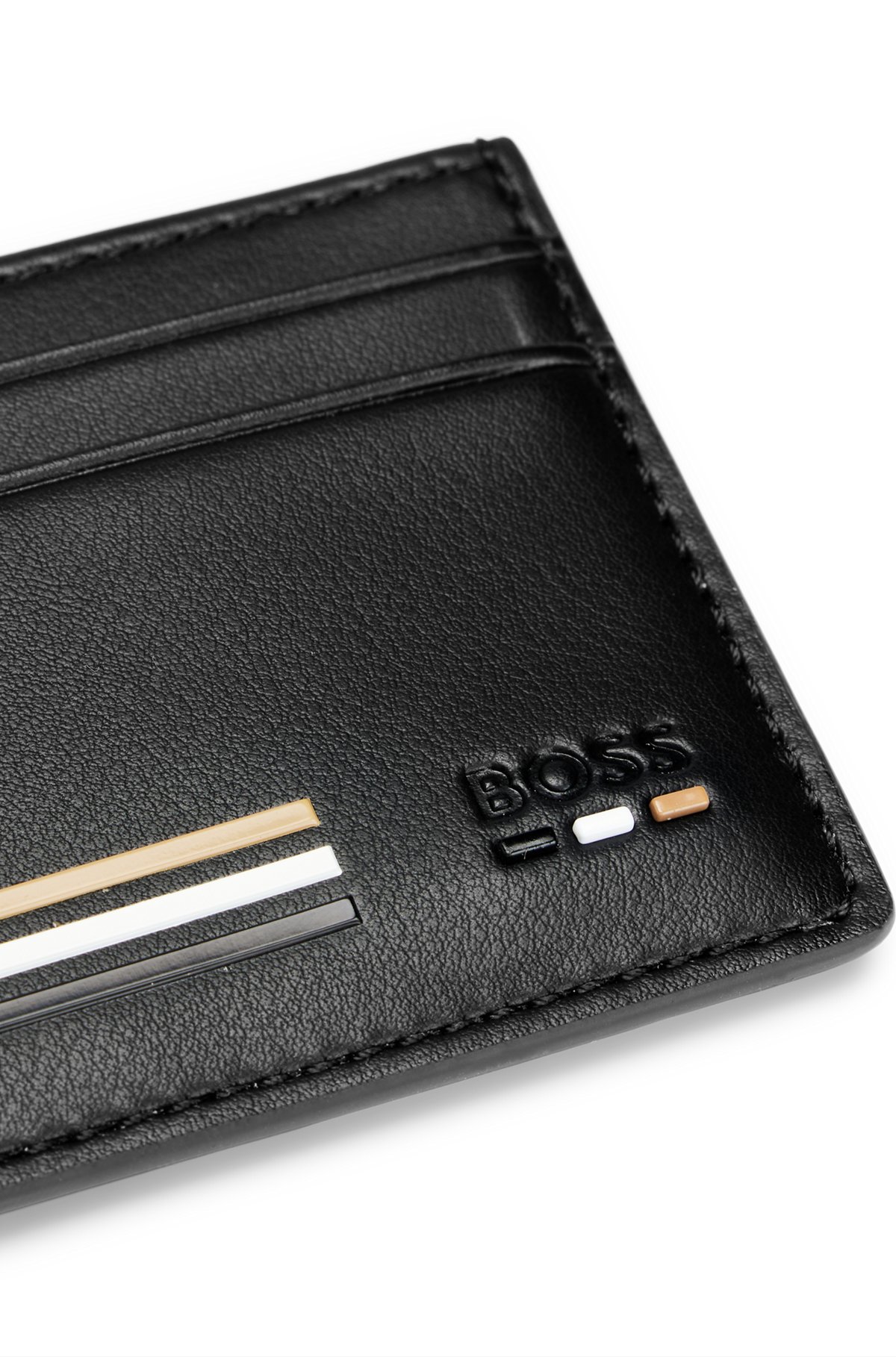 Faux-leather card holder with signature-stripe details, Black