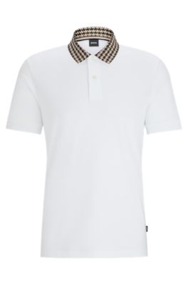 BOSS - Mercerised-cotton polo shirt with houndstooth collar