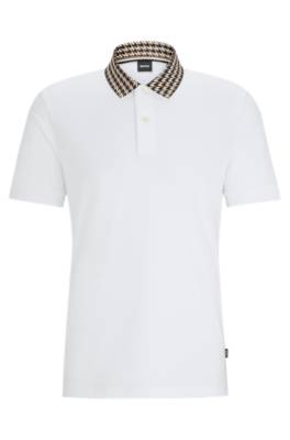 Hugo Boss Mercerised-cotton Polo Shirt With Houndstooth Collar In White