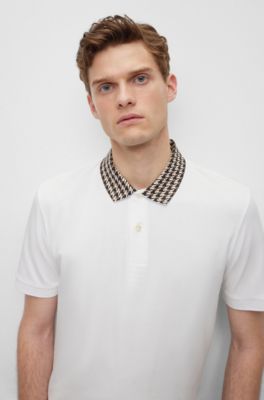BOSS - Mercerised-cotton polo shirt with houndstooth collar