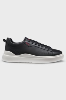 Leather trainers with red logo detail, Black