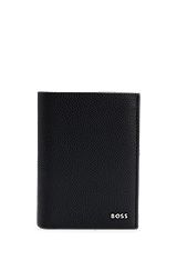 Grained-leather card holder with polished-silver logo lettering, Black